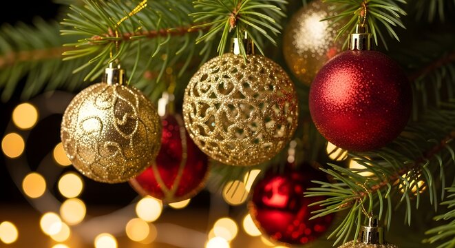 Close up of festive christmas tree ornaments and bokeh lights