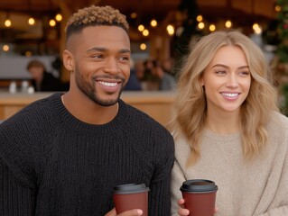 Smiling african american man and blonde woman sitting together outdoors, holding coffee cups, enjoying a cozy moment in a festive atmosphere with warm lights and seasonal decorations