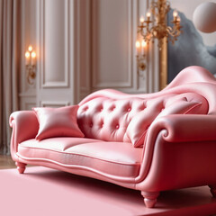A luxurious pink sofa with tufted upholstery sits elegantly in a well-decorated room