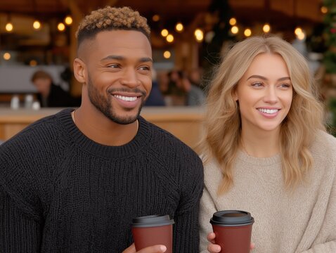 Smiling african american man and blonde woman sitting together outdoors, holding coffee cups, enjoying a cozy moment in a festive atmosphere with warm lights and seasonal decorations