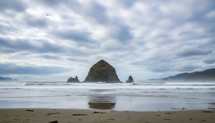 Large rock formation near a sandy beach under a cloudy sky