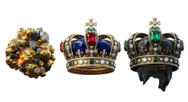Three crowns and a gold nugget isolated on transparent background