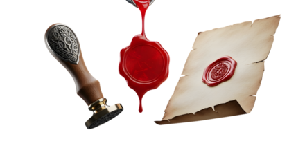 Wax seal stamp, wax, and sealed letter, isolated on transparent background