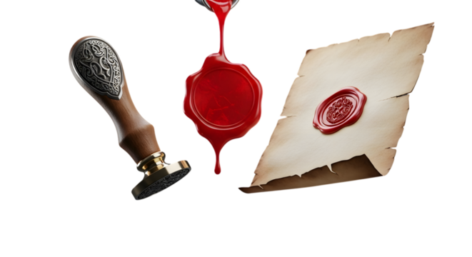 Wax seal stamp, wax, and sealed letter, isolated on transparent background