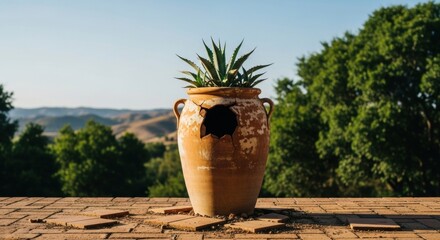 A broken terracotta urn with a thriving agave plant. Rustic garden decor with a wabi sabi aesthetic. Conceptual metaphor for resilience and rebirth. Outdoor patio design element