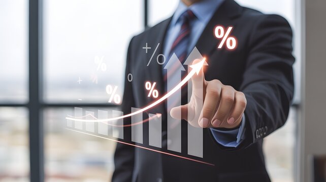 Businessman tapping interactive screen, displaying upward-trending graphs, percentage symbols, and financial data. Depicts business growth, investment success, market analysis, profit increase, dig