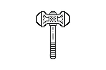 A minimalist style drawing shows the isometric black outline of a pixelated battle hammer