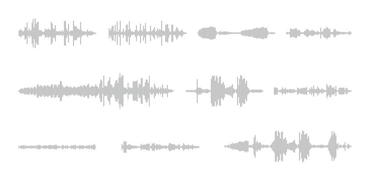 Voice message, phone call signal and podcast, music track line soundwaves of audio player app icon set. Digital sound waves pattern, equalizer of social media speech bubbles vector illustration