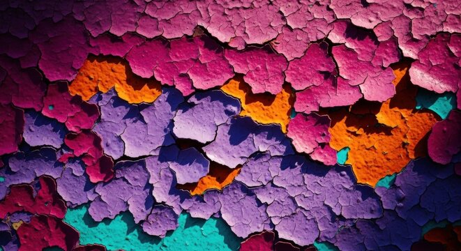 Vibrant abstract texture of peeling paint layers. Urban grunge design element with a distressed pattern. Close up detail of multilayered flaking paint in vivid colors. Creative artistic wallpaper