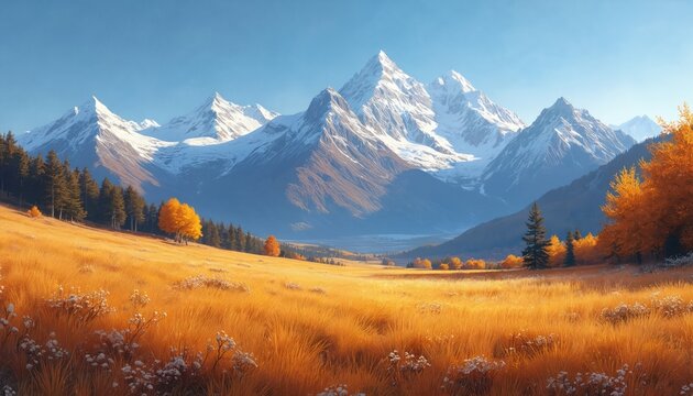 Golden meadow grass slopes towards snow capped mountains under a clear blue sky. Autumn trees add color to the scenic mountain range landscape. Nature vista shows bright fall scenery.
