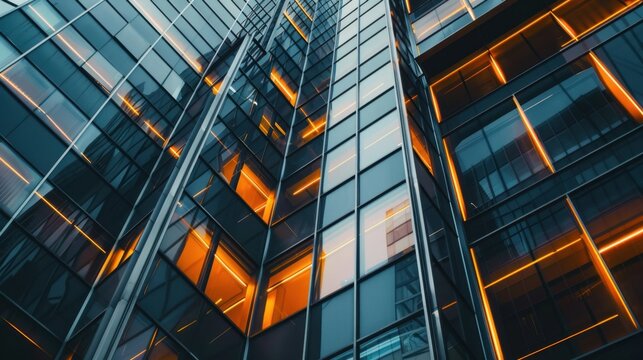 A modern skyscraper with glass windows reflecting orange lights. The building showcases a sleek architectural design against a twilight sky.