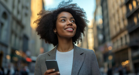 A smiling woman walks along a city street, looking up while holding her phone and wearing a gray jacket.