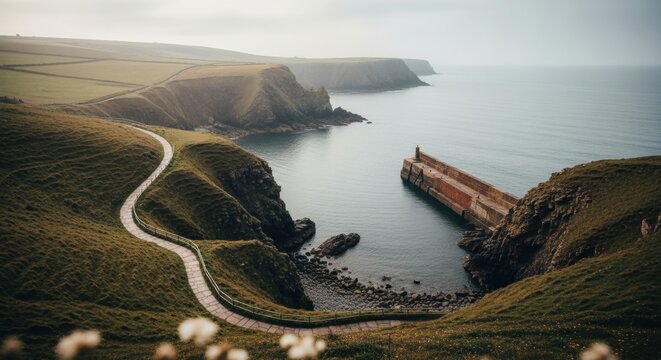 Scenic coastal path leading to a tranquil harbor. A winding journey through a green landscape. Travel and exploration concept for tourism. Rugged cliffs and ocean view