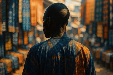 Naklejka premium A man seen from behind stands among colorful market textiles, bathed in warm sunlight and shadow