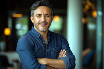 Man in blue shirt with arms crossed portrait shot
