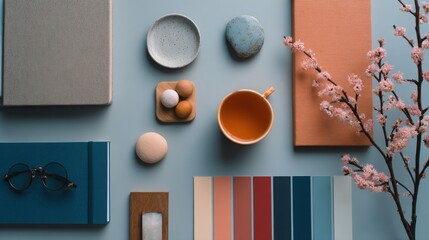 flat lay showcasing analogous color palette of orange, peach, pink acrylic paint swatches. Features paintbrush, textured paper, negative space, ideal for design, creativity, and color theory concepts.