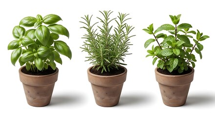 Obraz premium Three potted herb plants isolated on white background