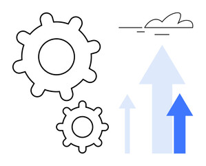 Two gears alongside upward arrows and a single cloud evoke ideas of growth, innovation, progress, teamwork, productivity, creativity, and technical solutions. Ideal for business and technology