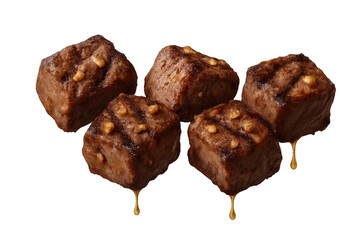 Grilled beef cubes with grill marks, savory glaze dripping, delicious barbecue, transparent background