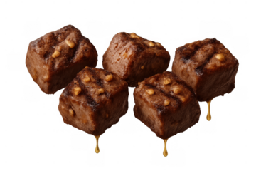 Grilled beef cubes with grill marks, savory glaze dripping, delicious barbecue, transparent background