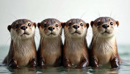 Four playful otters with wet fur emerge from water. Curious aquatic mammals stand together, looking attentively at camera with wide eyes, whiskers. Social behavior, curious expressions evident in
