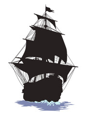 A dark silhouette of a medieval sailboat sailing on the waves against a white background. Vector illustration of a sailboat. Perfect for your vintage-style designs inspired by travel and adventure.