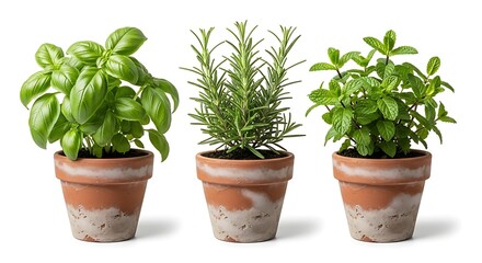 Obraz premium Three potted herb plants isolated on white background