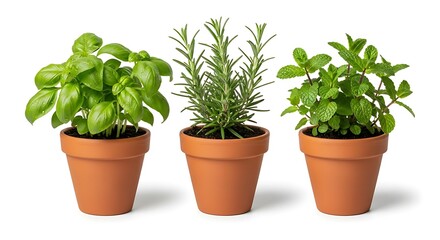 Fototapeta premium Three potted herb plants isolated on white background