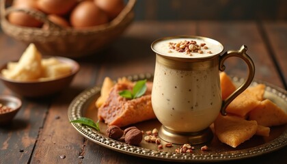 Rich lassi in ornate brass tumbler with nuts, dates. Traditional Indian dessert served on rustic wooden table alongside baklava, pita bread. Warm, inviting scene culinary heritage, hospitality.