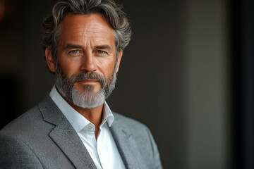 Man with gray hair and beard in a gray suit jacket