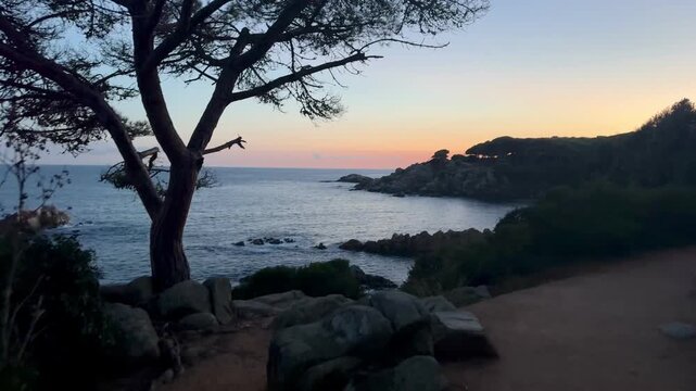 Caminata hacia una cala escondida en la Costa Brava. Plano en movimiento c&aacute;mara en mano con luz c&aacute;lida mediterr&aacute;nea, paisaje natural y mar azul cristalino. Ideal para turismo, viajes ynaturaleza.