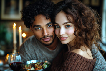 A beautiful couple embracing at dinner with candles and salad