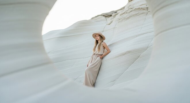 Stylish Caucasian female in a long dress and hat posing at a white rock formation. Minimalist fashion and travel lifestyle concept. Natural beauty and serenity. A serene escape for personal growth