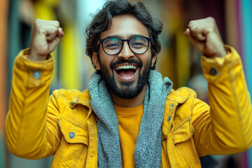 Man celebrates with fists raised wearing yellow coat