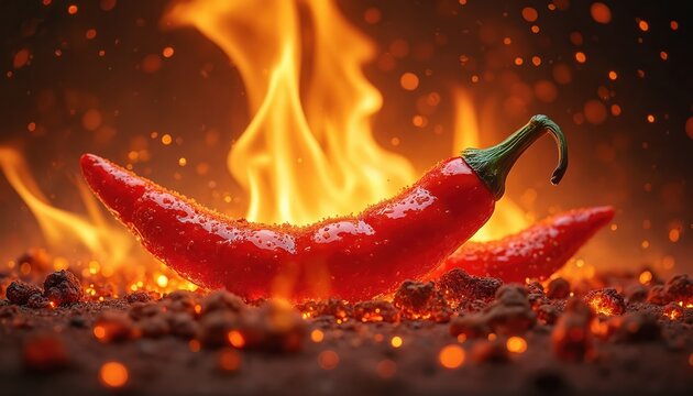 Ripe red chili pepper rests on hot coals with vibrant flames licking around. Intense heat, spice emanate from ingredient, perfect for cooking, food themes. Adds zest to culinary creation.