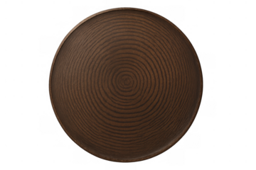 Dark brown wooden round plate with annual growth rings, top view, serving tray for food, kitchen tableware