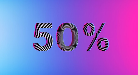 Bold 50% sale promotion with hypnotic black and white striped typography. Modern graphic design on a vibrant pink and blue gradient background for an advertising banner or social media.