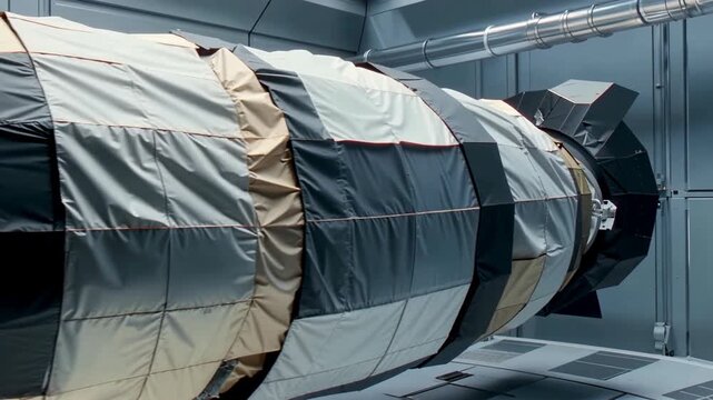 Advanced Spacecraft Module Undergoing Thermal Vacuum Testing in a Specialized Chamber.
