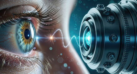 Eye with robotic lens sparking, concept of technological distance and robotic vision.