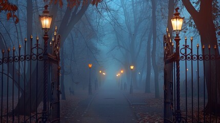 A foggy park entrance with wrought iron gates. Dimly lit street lamps illuminate a misty pathway surrounded by tall, bare trees.