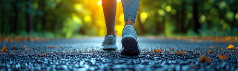 Person walking on road with leaves in the sunlight
