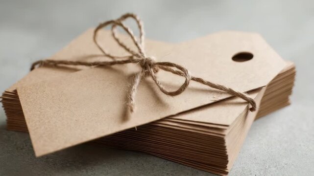 Closeup of brown kraft paper tags tied with rustic twine, ideal for handmade gifts, organization, or DIY crafts. Natural tones and simple design highlight sustainable style