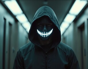 Person in dark hoodie and glowing mask stands in futuristic corridor. Mask features bright white smile. Modern art design creates unsettling atmosphere. Mystery, anonymity, technology are core themes.