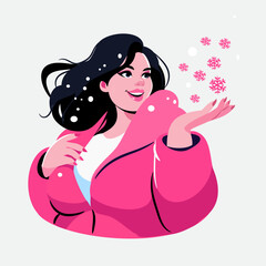 Curvy woman in pink coat catching snowflakes