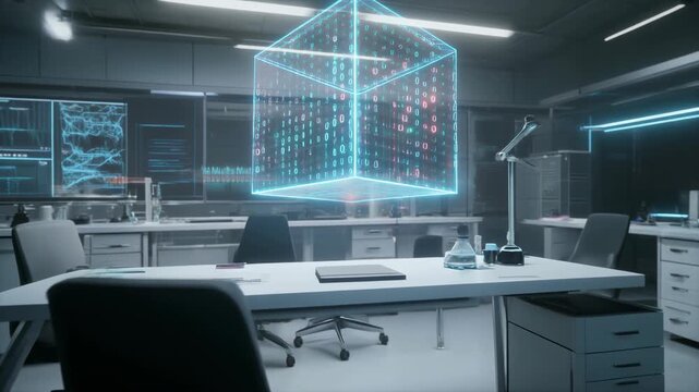 Science Lab Hologram Cube Futuristic Research, Technology, Innovation