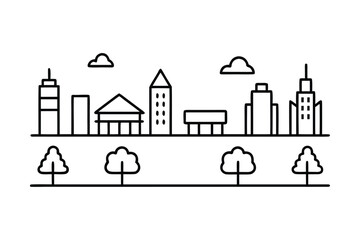 Naklejka premium Minimalist Cityscape Skyline with Buildings and Trees Line Art architecture