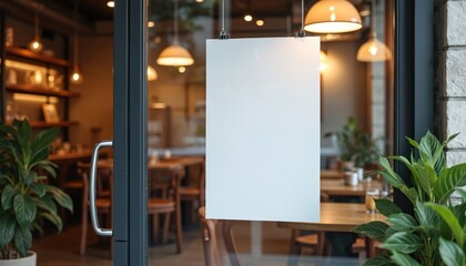 Blank white poster displayed outside cozy restaurant. Empty advertising space on glass door. Interior background shows tables chairs and lights. Modern promotional mockup for business.