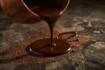 Melted dark chocolate pouring from saucepan