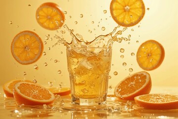 Orange juice splash with fresh citrus slices