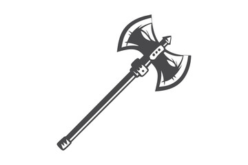 Isolated gray double bladed battleaxe symbolizes strength, weaponry, and medieval warfare on a white backdrop